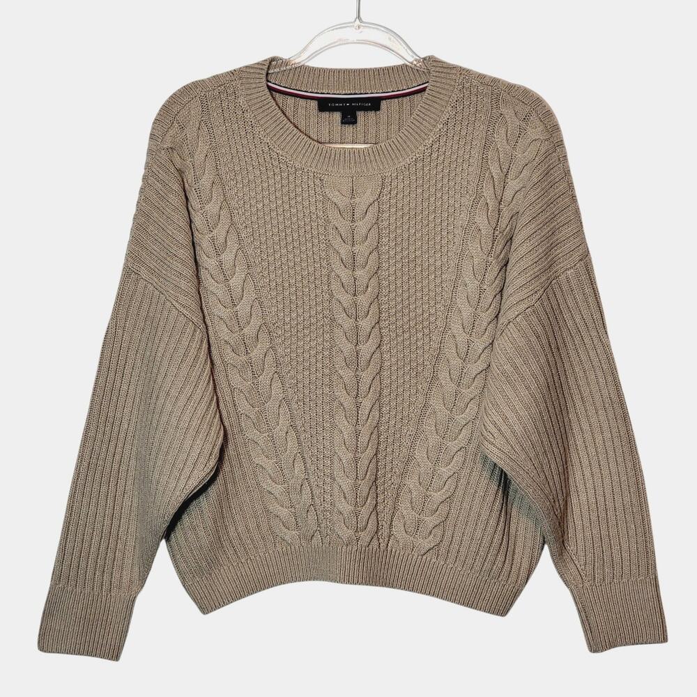 Tommy Hilfiger Cable Knit Ribbed Crew Neck Pullover Sweater Tan M Classic Casual